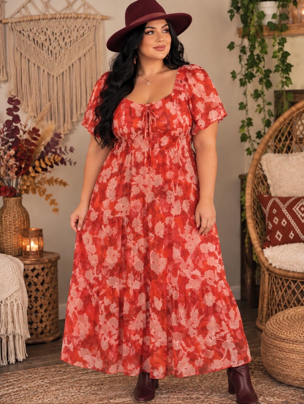 torrid Burnt Red Floral Tie-Front Maxi Dress